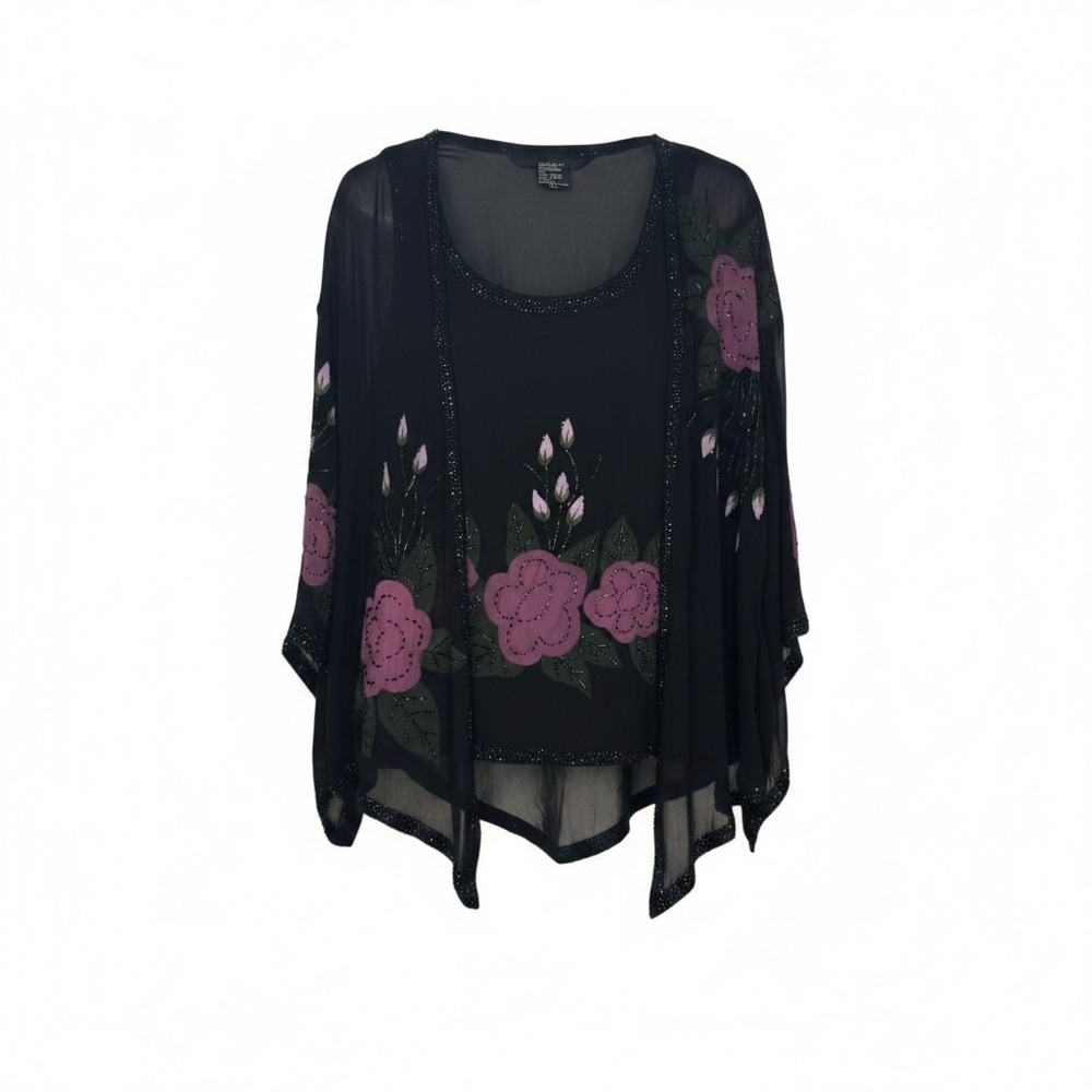 Studio I Silk Beaded Floral 2pc Top Set 20W Black Sheer Overlay Whimsygoth Luxe